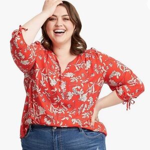 MERI SKYE Stitch Fix Coral Floral 3/4 Sleeve V-Neck Tunic Top Blouse Size 1X
